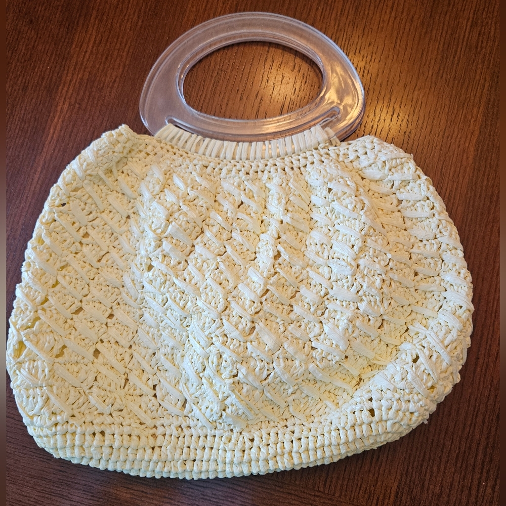 Handmade Crochet Purse  with plastic handles Vintage Boho Cream Plastic Thread